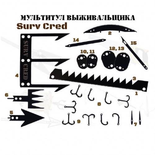 Мультитул кредитка выживальщика Surv Cred набор инструментов для выживания черный